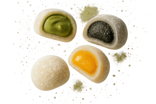 Assorted Mochi dessert cakes with fillings isolated on transparent background.