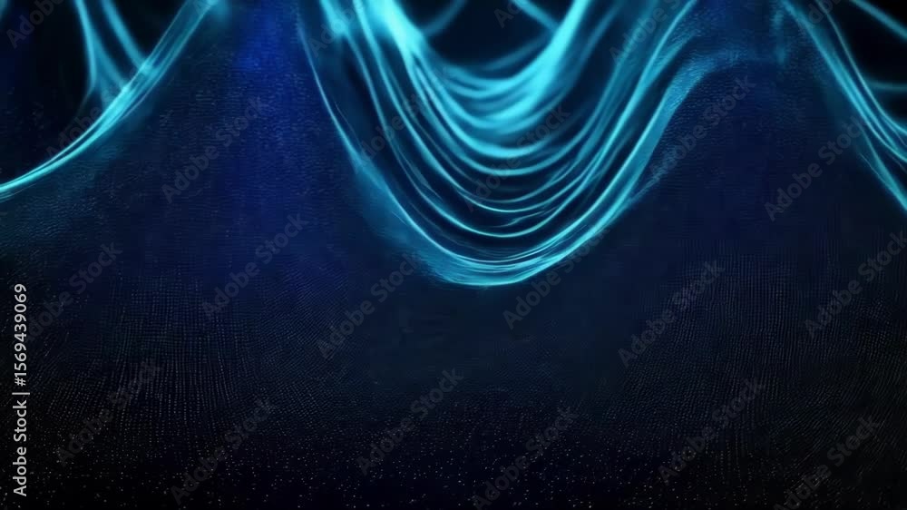Poster a mesmerizing abstract wave of glowing blue particles flows across a dark background, suggesting tec