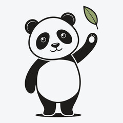 Naklejka premium Cute cartoon panda waving hello with a green leaf in its paw