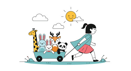 Young girl pulls wagon filled with adorable stuffed animal friends through sunny meadow