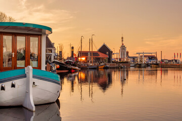 Sunset view of the harbor in the historic city of Harderwijk in Gelderland, The Netherlands