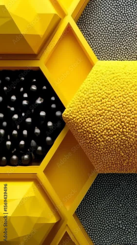 Poster abstract honeycomb structure with yellow and gray textured hexagonal compartments, creating a geomet