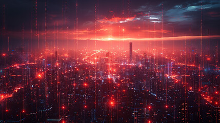 Futuristic city skyline at night with red digital network overlay.