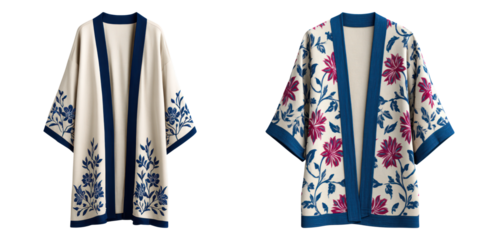 Boho kimono cardigan with floral pattern in blue and pink colors, loose fit, casual and flowy for comfortable wear