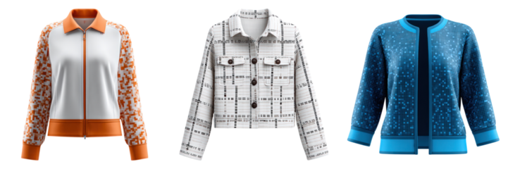 Boxy crop jacket with pixel pattern and tech inspired design in orange, white, and blue colors for stylish casual wear