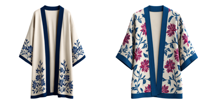 Boho kimono cardigan with floral pattern in blue and pink colors, loose fit, casual and flowy for comfortable wear