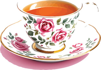 Porcelain Teacup with Pink Roses – Vector Illustration of Floral Teacup and Saucer with Gold Trim and Tea
