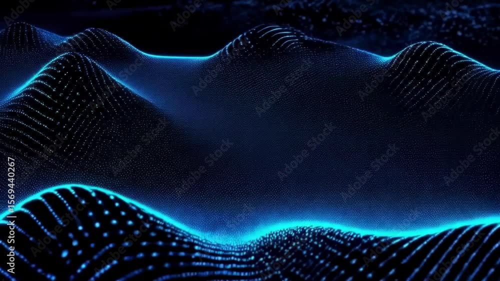 Poster a dynamic blue abstract background features a wavy pattern of interconnected dots, creating a futuri