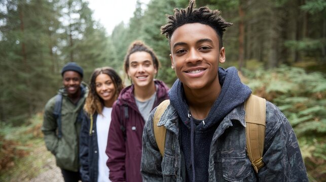Group of diverse young adults hiking in forest.