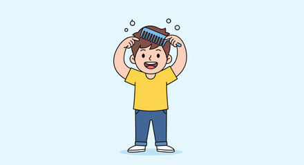 Joyful young boy happily brushing his brown hair with a blue comb during the day