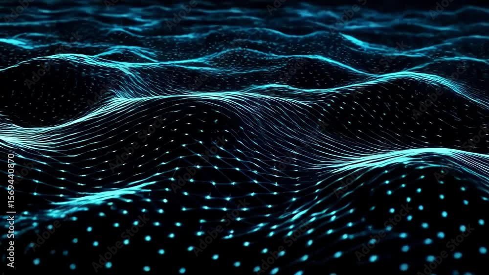 Poster a dynamic blue abstract background showcases a wavy network of interconnected dots, evoking a sense 