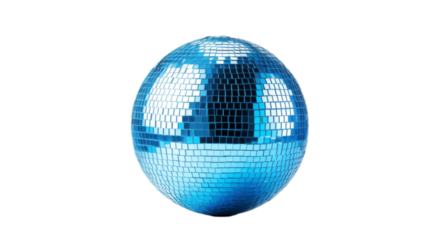 Shiny blue disco ball reflects light on a black transparent background.