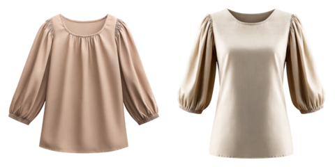 Soft fabric puff sleeve blouse with gathered shoulder detail and elastic cuffs in beige and cream colors, elegant feminine tops