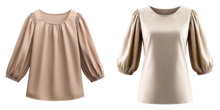 Soft fabric puff sleeve blouse with gathered shoulder detail and elastic cuffs in beige and cream colors, elegant feminine tops