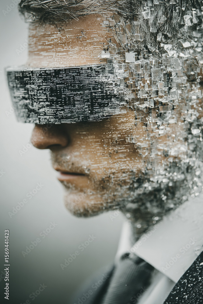 Poster close up of a man wearing a digital visor with pixelated disintegration effect on his face and head