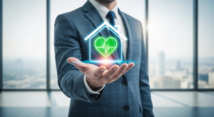 A businessman's hand holding a glowing house icon with a heart symbol.