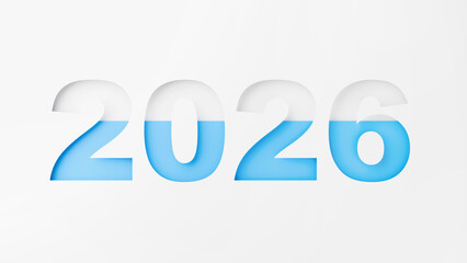 A contemporary clear blue text illustration features the year 2026 against a pristine white backdrop. Ideal for a vision of futuristic calendar design or annual report branding. New Year and Christmas