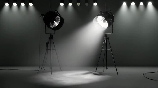 Studio Spotlight Setup &ndash; Symmetrical Commercial-Grade Tripods with Diffused White Glow on Matte Floor, Captured in 8K Ultra HD with Microscopic Detail and Cinematic Lighting