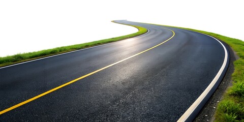 An empty asphalt road turning right side stretches toward the horizon through a serene countryside landscape under a vast morning sky, inviting a long summer drive