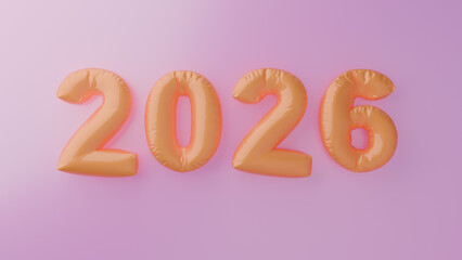 Bright orange inflatable numbers 2026 are set against a pastel pink background, representing the celebration of the new year. This showcases a festive and playful theme for New Year 2026 promotional