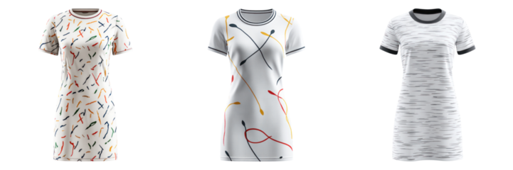 T shirt dress set with abstract scribble sketch patterns in various colors, casual and artistic design for comfortable wear