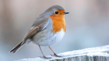 Fototapeta premium European robin perched on frosty wood in winter