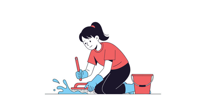 Young woman cleaning the floor with a brush and bucket after mopping