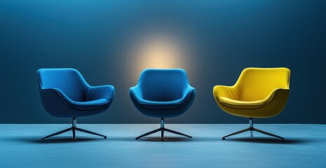 Modern Chair Arrangement: Blue and Yellow Armchairs in a Blue Room