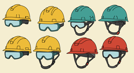 Assorted Safety Helmets and Goggles in Various Colors for Construction or Industrial Use