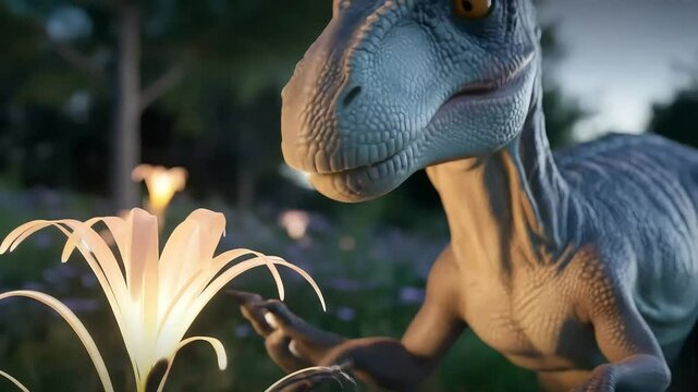 A curious blue raptor gently approaches and smells a single magical, glowing flower in a forest at dusk