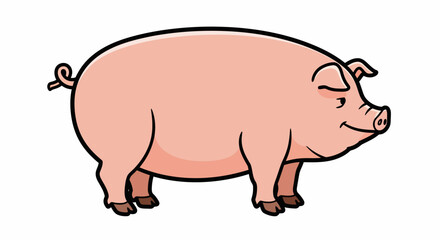Cartoon Pig Illustration: Pink Body, Curly Tail, Black Outline