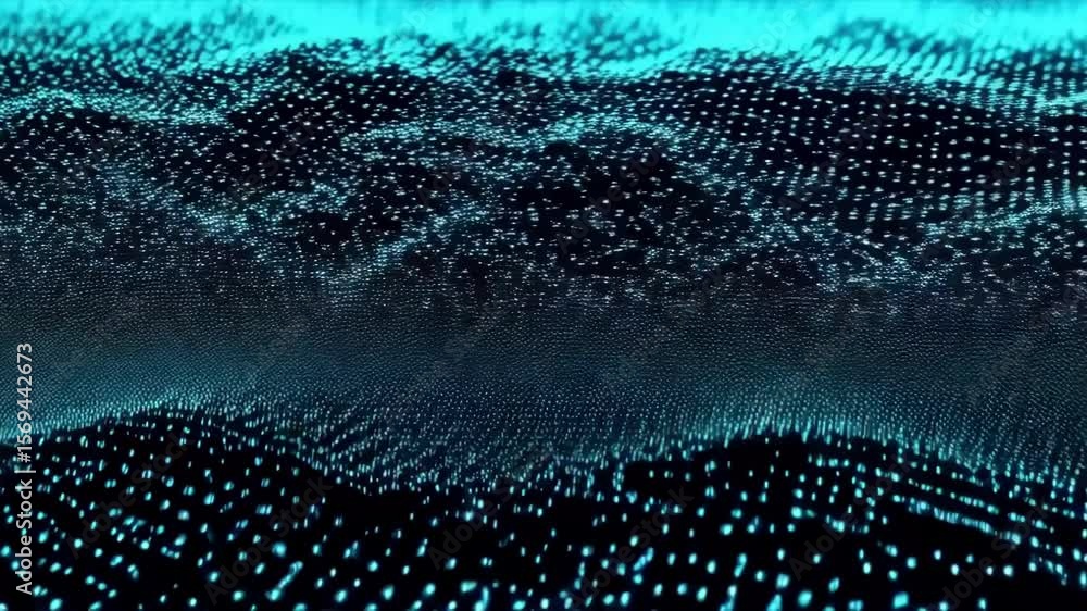 Poster a vibrant blue digital wave pattern flows across a dark background, creating a futuristic and abstra