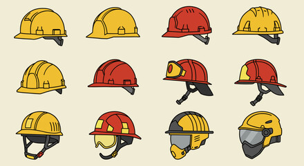Collection of Twelve Diverse Hard Hats: Yellow and Red Construction, Firefighter, and Protective Helmets