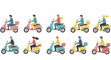 Colorful Flat Illustration of People Riding Motor Scooters with Delivery Boxes