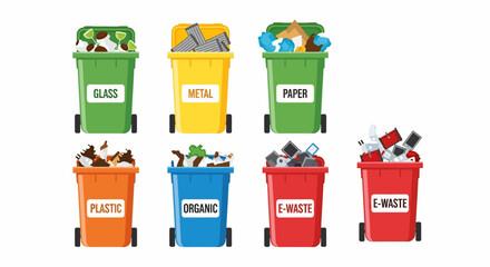 Colorful Recycling Bins Filled with Various Waste Types