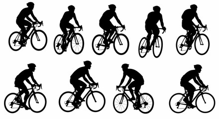 Obraz premium Eight Silhouettes of Cyclists on Road Bikes, Dynamic Poses, Black on White
