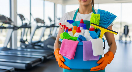 Woman holding cleaning supplies in a gym, ready for sanitation.