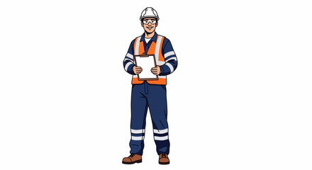 Cartoon Construction Worker Holding Clipboard in Safety Gear and Uniform