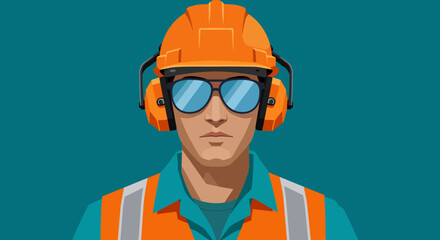 Cartoon Construction Worker Portrait with Orange Hard Hat and Safety Gear