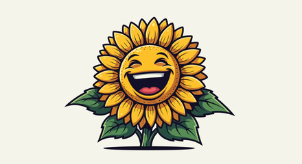 Cheerful Cartoon Sunflower with Wide Smile and Green Leaves