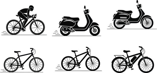 Various bicycles and scooters isolated on white background