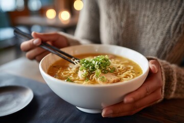Female holding bowl of ramen noodles with green onions in a cozy setting.