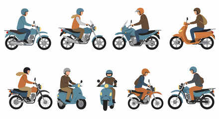 Collection of Cartoon Motorcycles with Riders in Various Colors and Styles © Basecamp