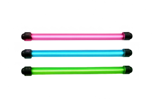 Three glowing LED light tubes isolated on a transparent background, vibrant colors - Powered by Adobe