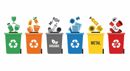 Colorful Recycling Bins with Various Items for Different Waste Types