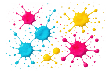 Vibrant color paint splashes, isolated on transparent background, cutout style