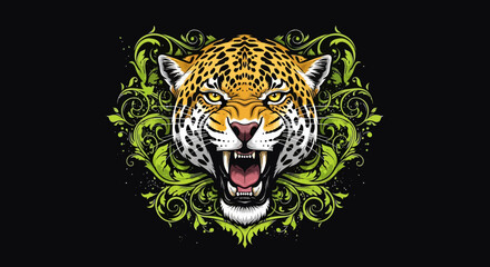 Roaring Jaguar Head with Green Floral Ornament: Fierce Big Cat Portrait © goesti