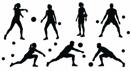 Silhouetted Volleyball Players in Action Poses with Black Balls
