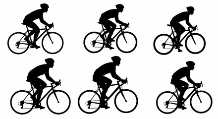 Silhouetted Cyclists Riding Road Bikes in Various Poses, Black and White