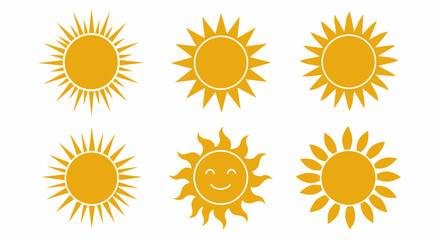 Six Stylized Yellow Sun Icons with Different Ray Designs